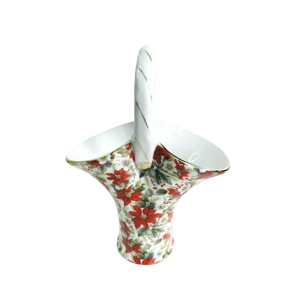 Christmas Basket Vase Poinsettia Ceramic Chintz Formalities Baum Bros 9.5" x 7" - Picture 3 of 8